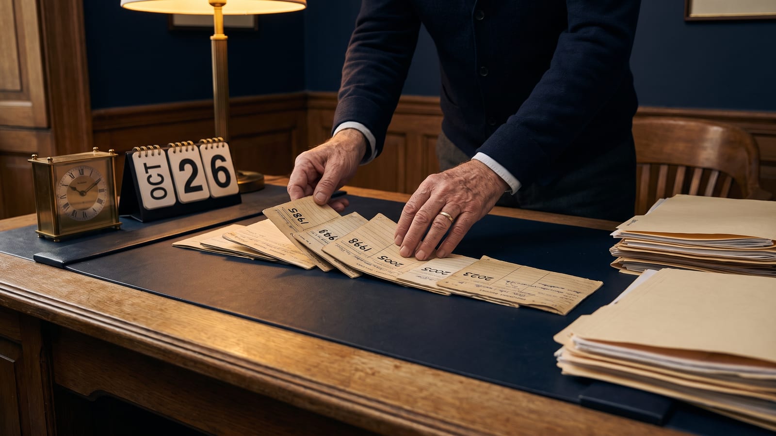 Mãos de um profissional dispondo fichas de registro datadas em linha do tempo sobre uma mesa azul-marinho, ao lado de um calendário e um relógio, em tons sóbrios de navy com acento dourado.