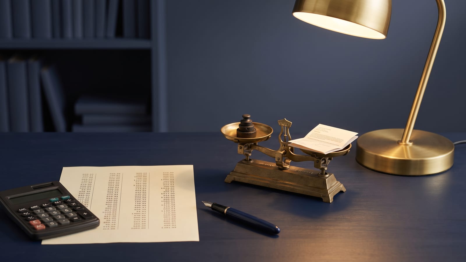 Balança de pratos de latão pesando dois conjuntos de valores, ao lado de uma calculadora e uma coluna de números, em mesa azul-marinho sob luz quente.