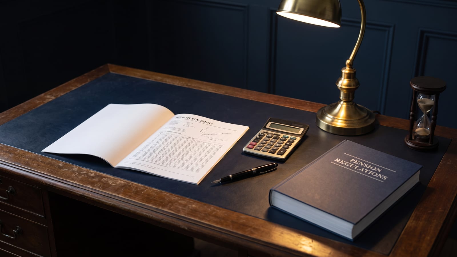 Mesa de trabalho em tons de azul-marinho com um demonstrativo de benefício e tabelas atuariais, calculadora, um volume de regulamento de previdência e uma ampulheta, sob a luz quente de uma luminária.