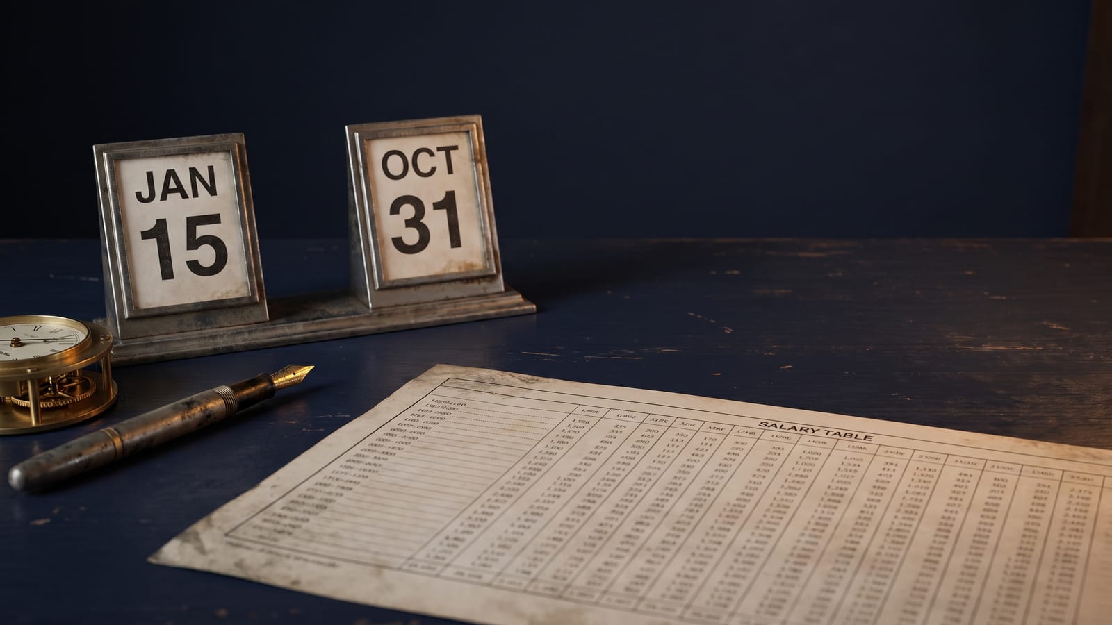 Dois calendários de mesa lado a lado sugerindo dois interstícios diferentes, junto a um relógio e uma tabela salarial, em mesa azul-marinho sob luz quente.