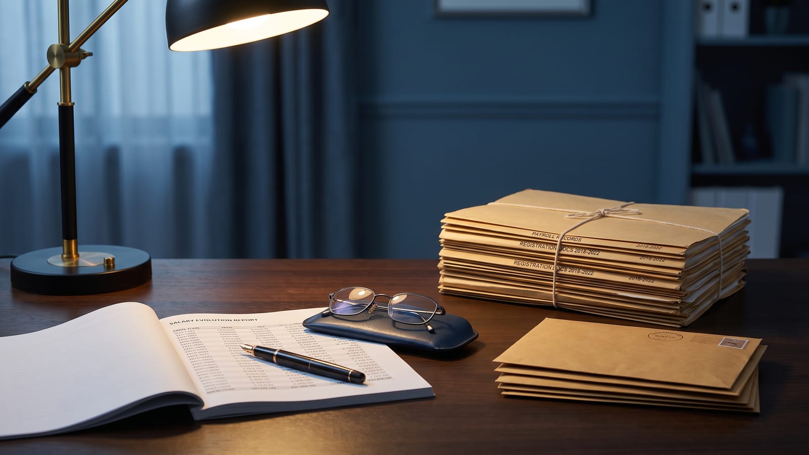 Mesa de trabalho de um perito contábil em tons de azul-marinho: uma planilha impressa de evolução salarial com colunas de valores e datas, caneta-tinteiro, óculos de leitura e uma pilha de documentos, com envelopes ao canto, sob a luz quente de uma luminária.