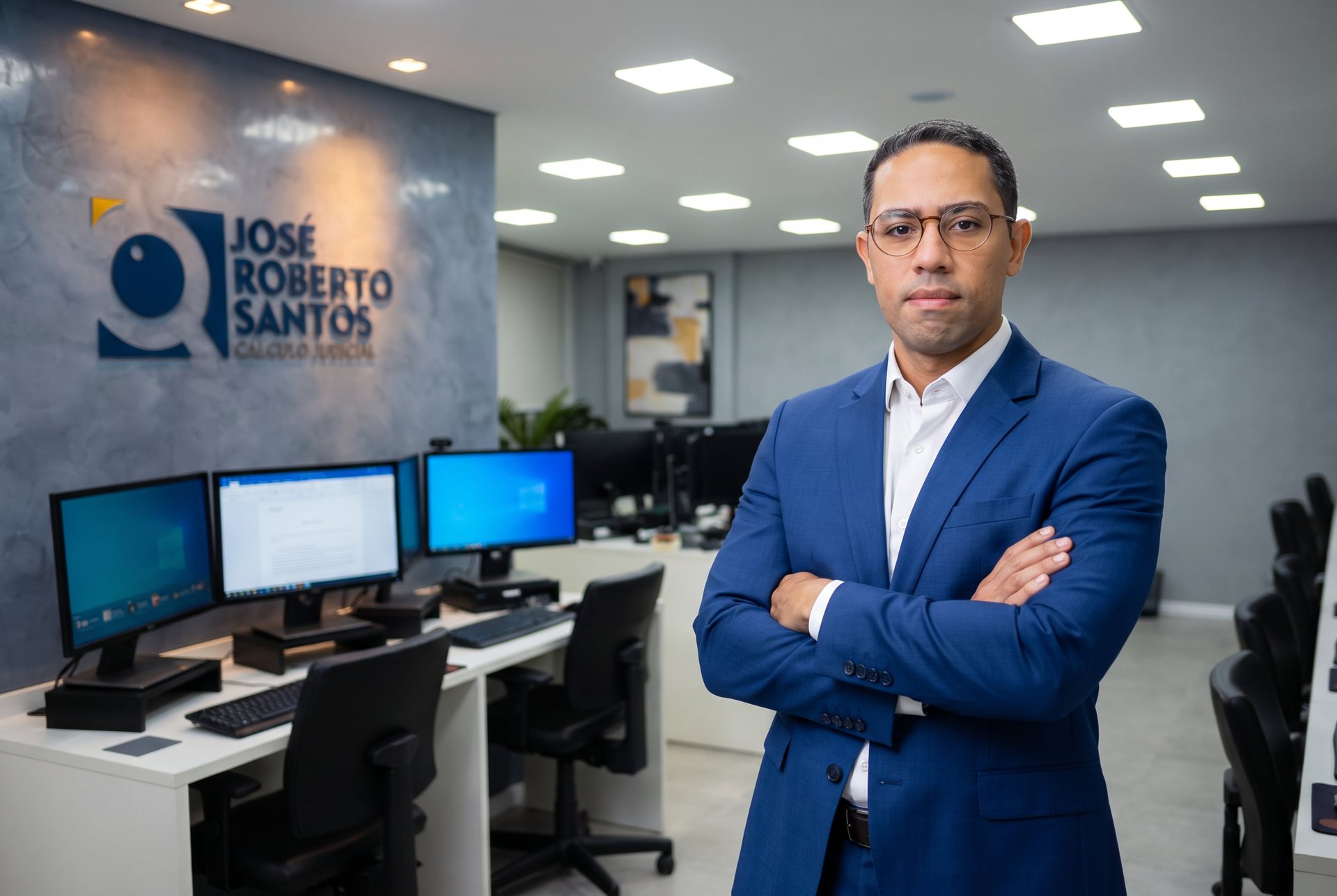 José Roberto dos Santos Júnior no escritório da JRS Cálculo Judicial